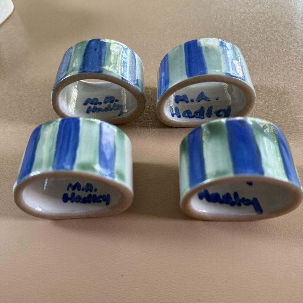 M A Hadley Pottery Napkin Rings Holders Set 4 Blue, Green Striped Vintage